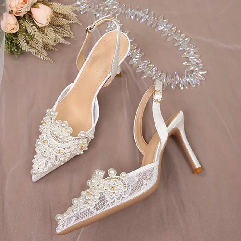 French Lace Wedding High Heels Pearls Bride Shoes - Frimunt Clothing Co.