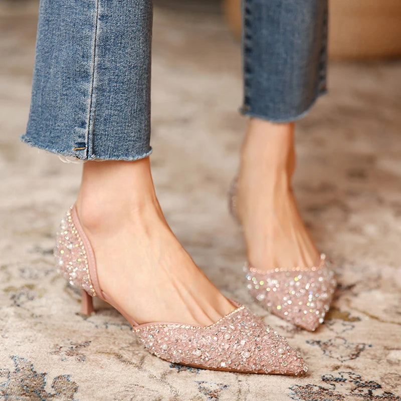 Women's Crystal Pointed Toe Medium Heel Pumps - Frimunt Clothing Co.