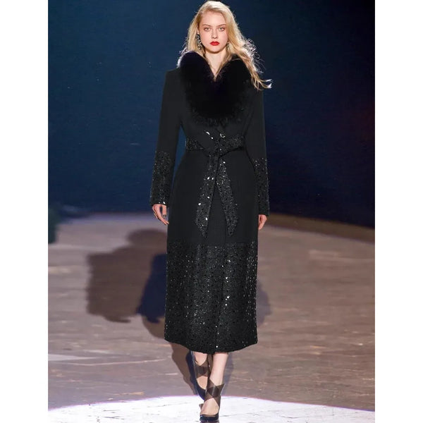 Women's Woolen Thick Coat Removable Fur Collar Strap Waist Glitter Splicing Long Coat