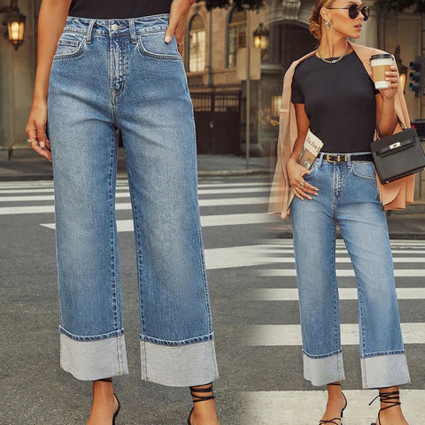 Women's Trendy Cuffed Denim Loose Straight  Leg Jeans High Quality