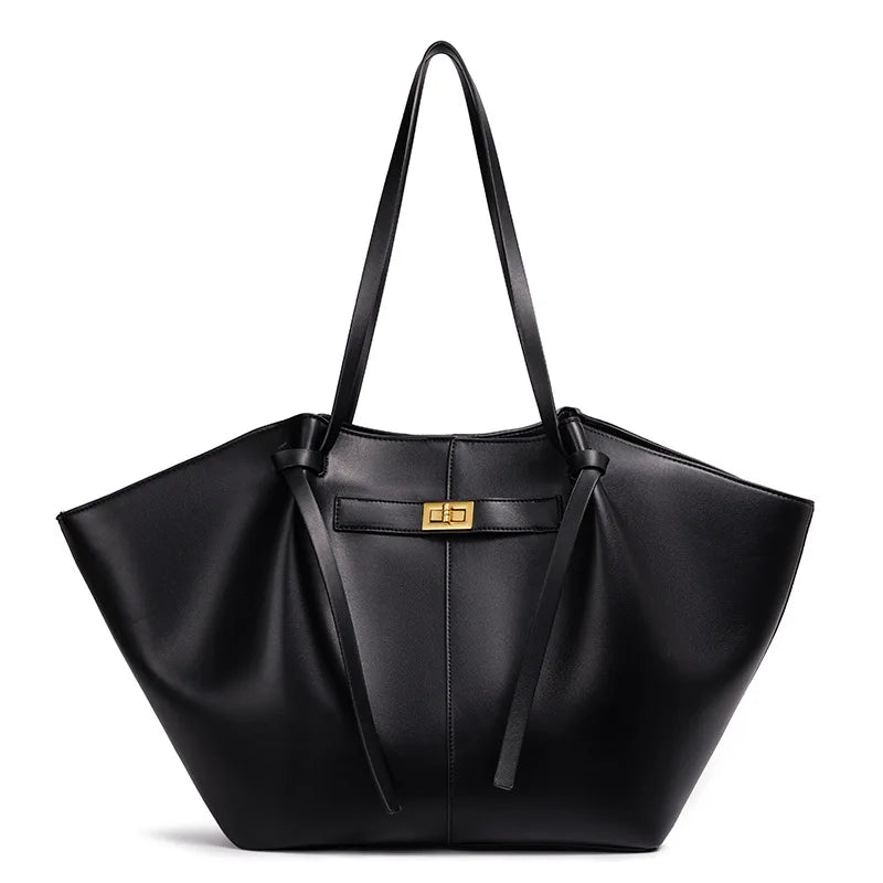 Women's Large Capacity Trapeze Shoulder Tote Bags Designer Metal Lock High-Quality Eco Leather