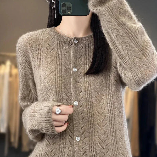 Merino Wool Soft Cable Knit Women's Cardigan Sweater O-Neck Loose Fitting - Frimunt Clothing Co.