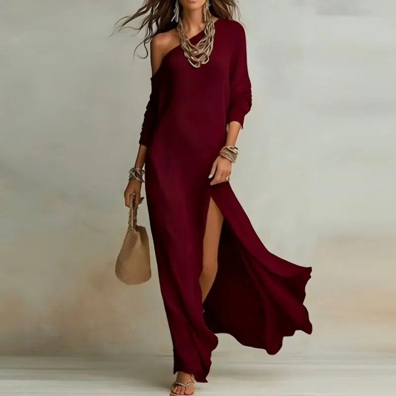Spring One Shoulder Long Sleeve Split Bohemian Maxi Dress