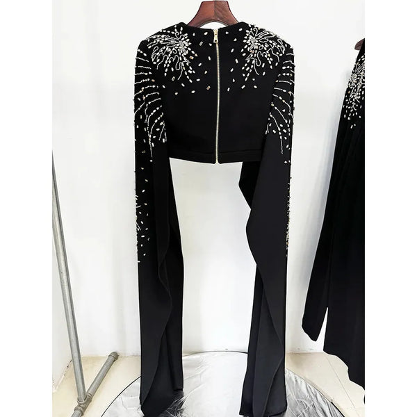 Designer Runway Women's Batwing Sleeve Stunning Crystals Beaded Cropped Top Pants Set 2pcs