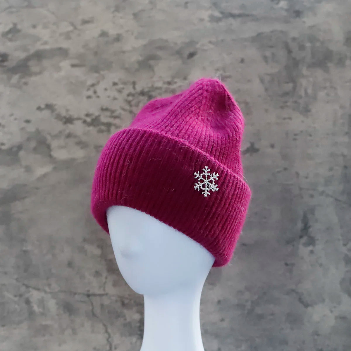 Women's Winter Knit Cuff Hat Real Warm Rabbit Hair Snowflake Pin Solid Colors - Frimunt Clothing Co.