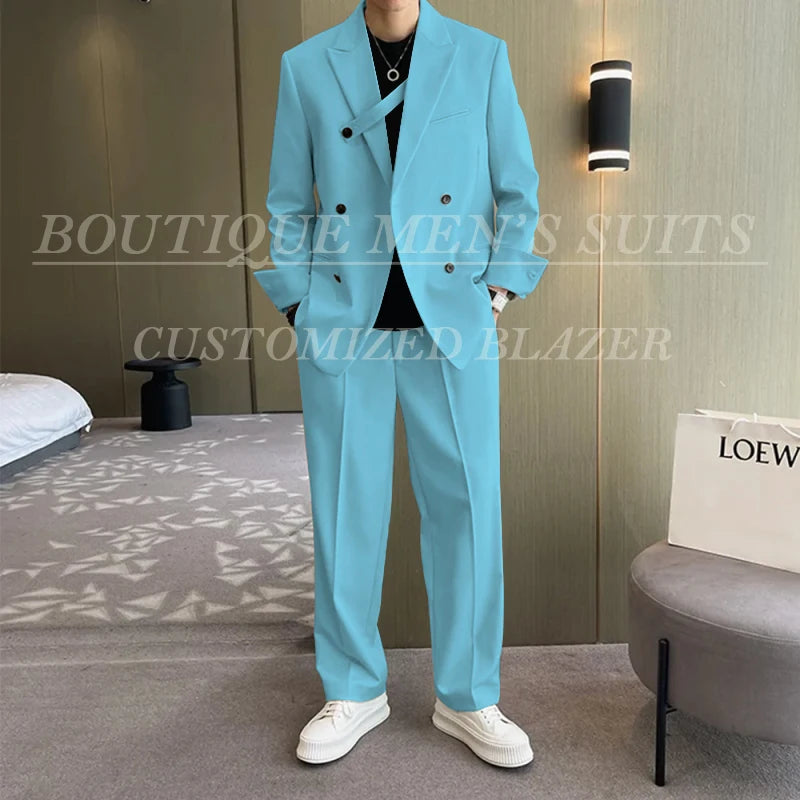 Men Fashion Double Breasted Loose Casual Suits Blazer Wide Leg Pants - Frimunt Clothing Co.