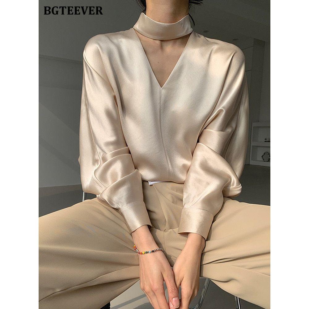 Elegant V-neck Long Sleeve Loose Satin Blouse - Frimunt Clothing Co.