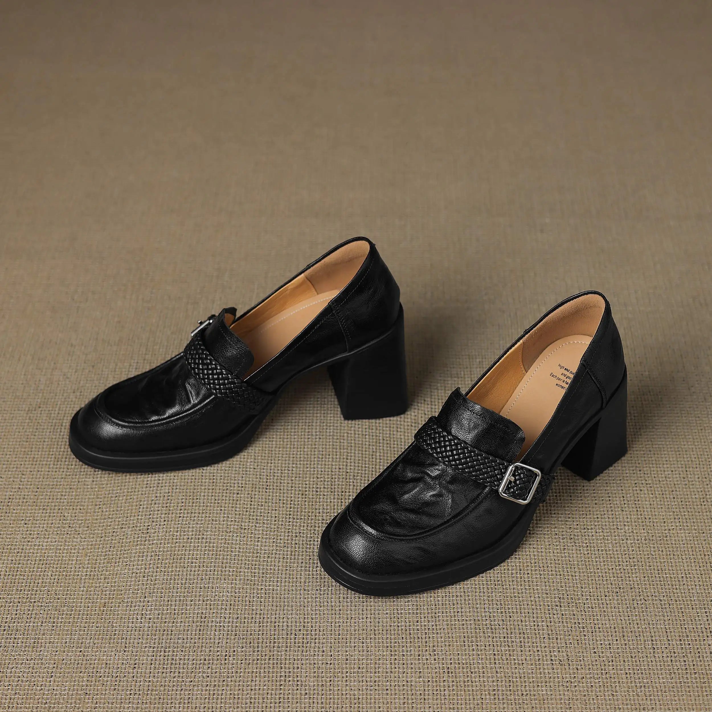 Women's Genuine Leather Round Toe High Heels Shallow Retro Loafers Buckle Strap