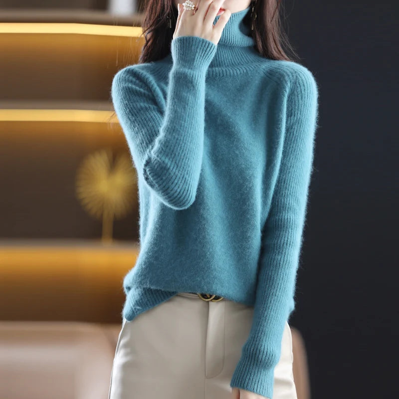 Women's Sweater 100% Mink Cashmere High Neck Knitted Soft Warm