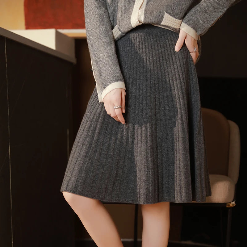Falda de punto de lana 100 % cachemira para mujer, de invierno, plisada, de colores lisos