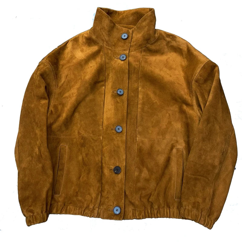 Top Quality Sheepskin Suede Leather Women's Bomber Jacket Stand Collar Elastic Waist
