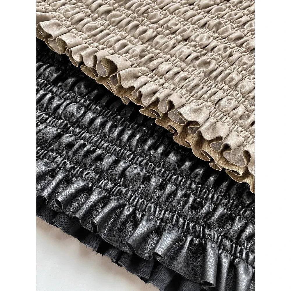 Women's Black Stretchy Faux Leather Midi Smocked Skirt - Frimunt Clothing Co.