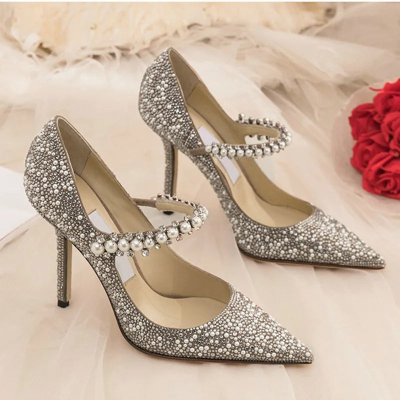 Women Pearls And Rhinestones Pumps Brides Fashion Sweet Sixteen 1cm, 7cm or 9cm Heels Dance Party Bridal Shoes - Frimunt Clothing Co.