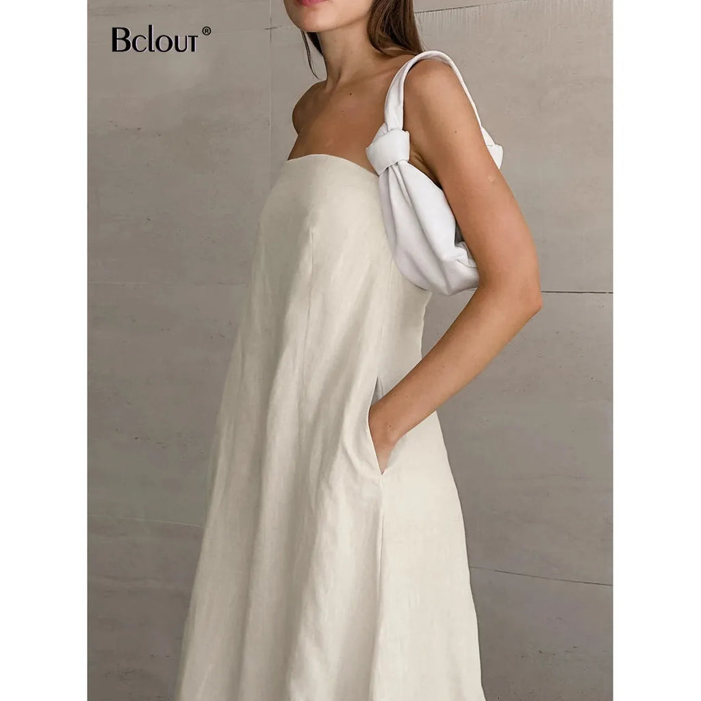 Khaki Linen A-Line Women's Strapless Maxi Summer Dress - Frimunt Clothing Co.