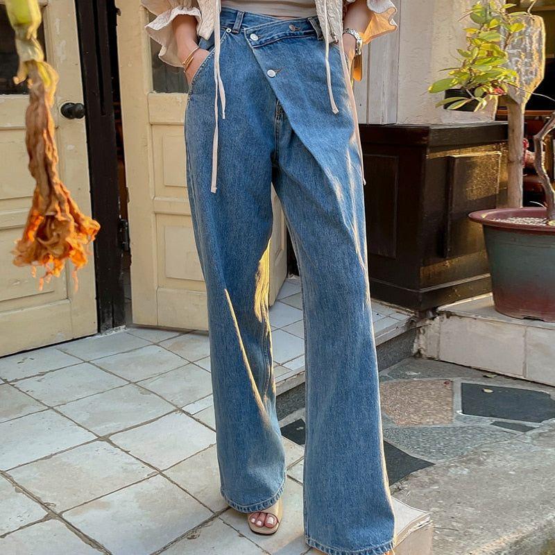 SuperAen Women's Chic Retro Irregular Waist Button Design Wide Leg Jeans - Frimunt Clothing Co.