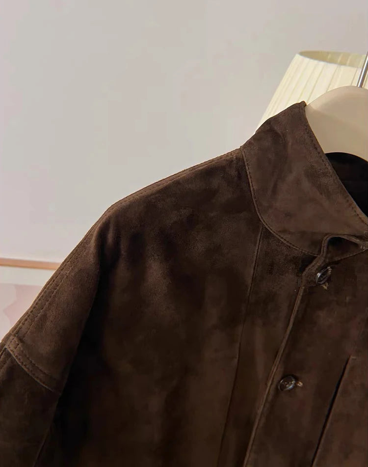 Top Quality Sheepskin Suede Leather Women's Bomber Jacket Stand Collar Elastic Waist
