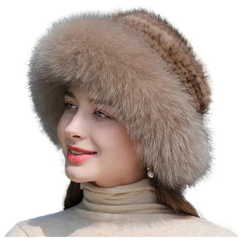 Women's Real Knit Natural Mink Fur Luxury Hat Handmade Winter Headwear - Frimunt Clothing Co.