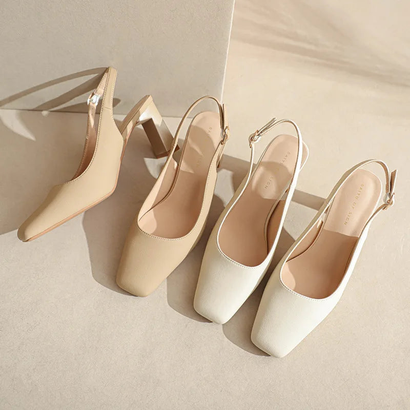 Square Toe Thick Heeled High Heels Women Pumps French Buckle Strap - Frimunt Clothing Co.
