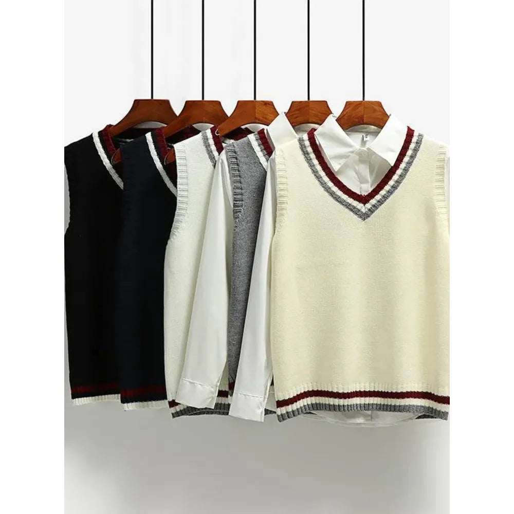Women's Preppy Style Knit Sweater Vest Striped V Neck Sleeveless Loose Pullovers - Frimunt Clothing Co.