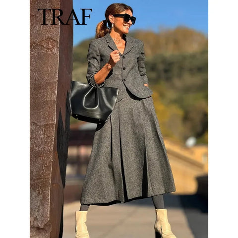 Autumn Women Fashion Suits Trend, Solid V Neck Textured Slim Blazer + With Pleated Skirt