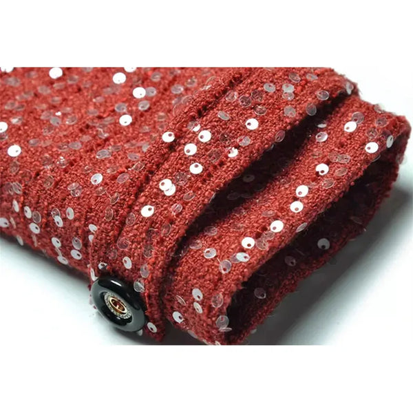 Women's Fur Collar Double Breast Buckle Tie Waist Sequined Long Thick Coat