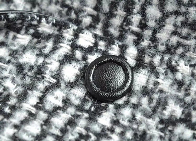 Women's Woolen Plaid Double Breasted With Leather Collar Long Coat