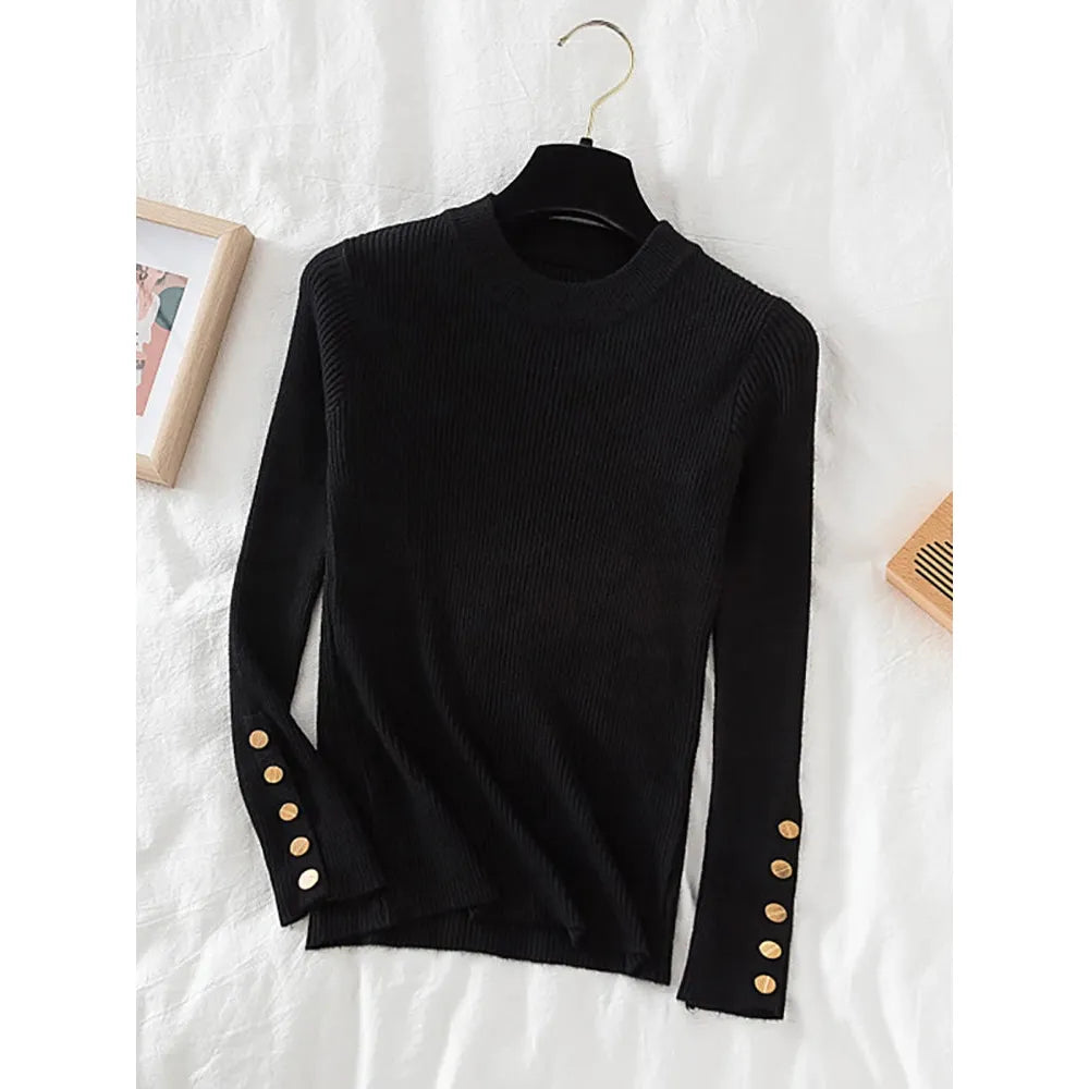 Women's Basic Autumn Winter O-Neck Rib Knit Buttoned Sleeve Sweater - Frimunt Clothing Co.