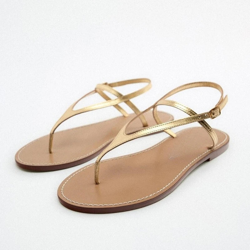 Strappy Gold Flat Sandals – Classic Minimalist Design - Frimunt Clothing Co.