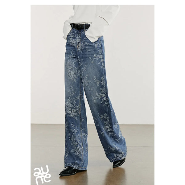 Women's Autumn Wide Straight Leg Jacquard Denim Pants - Frimunt Clothing Co.
