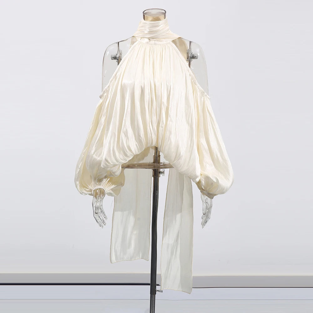 Draped Lantern Sleeve Halter Top – Silk Blend Statement Blouse - Frimunt Clothing Co.