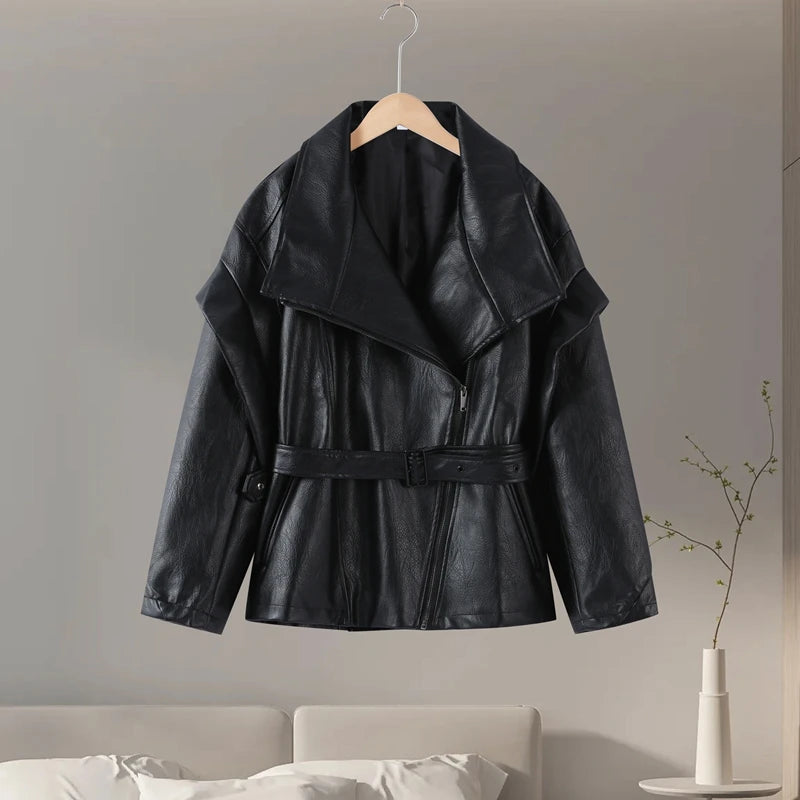Women's Lace Up Side Zipper Stand Collar Long Sleeve Eco Leather Jacket