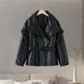 Women's Lace Up Side Zipper Stand Collar Long Sleeve Eco Leather Jacket