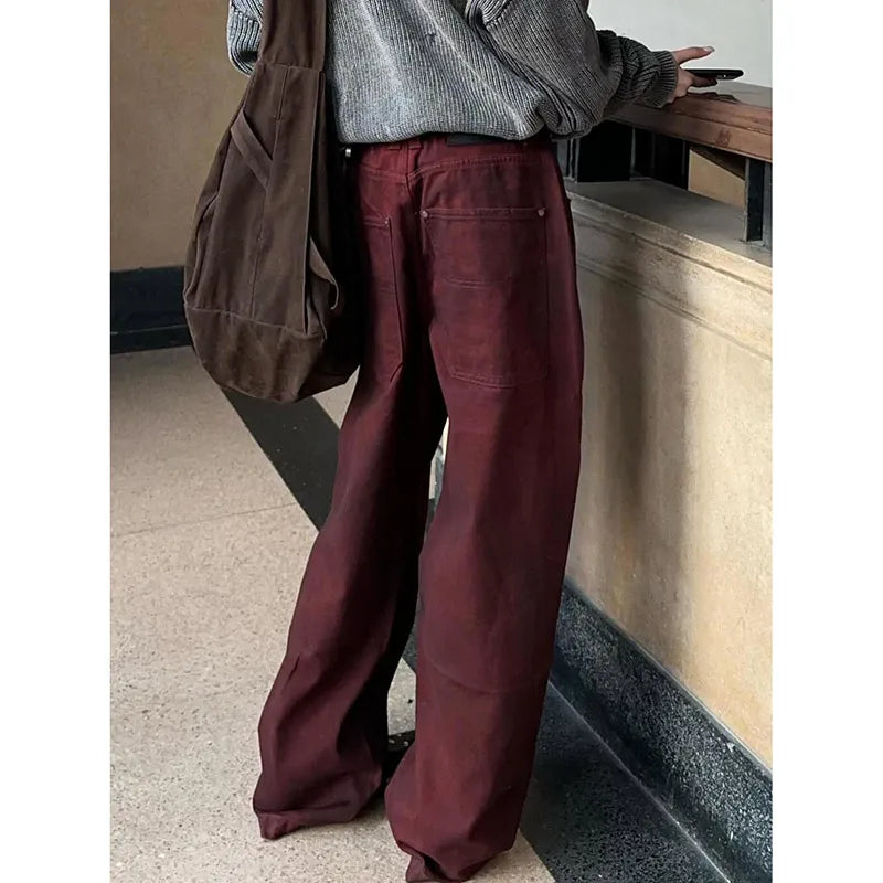 Women's Fall Fashion Burgundy Jeans High Waist Retro American Style Denim Pants - Frimunt Clothing Co.