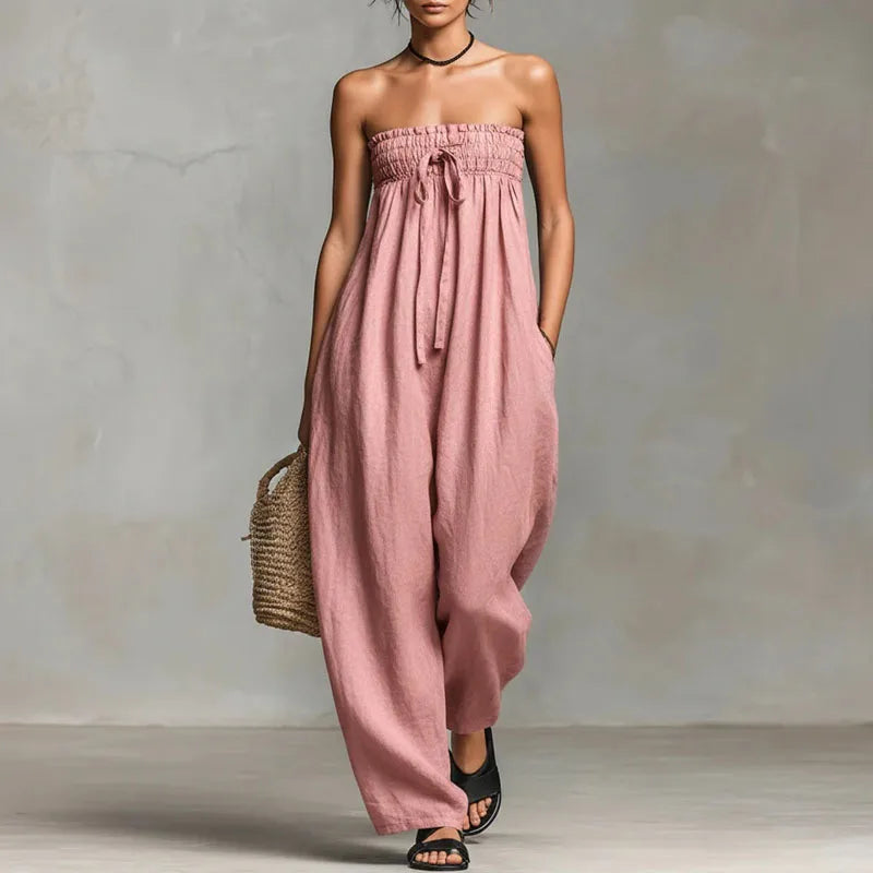Woman's Elegant Ruched Tie Front Strapless Backless Wide Leg Jumpsuits Spring Summer