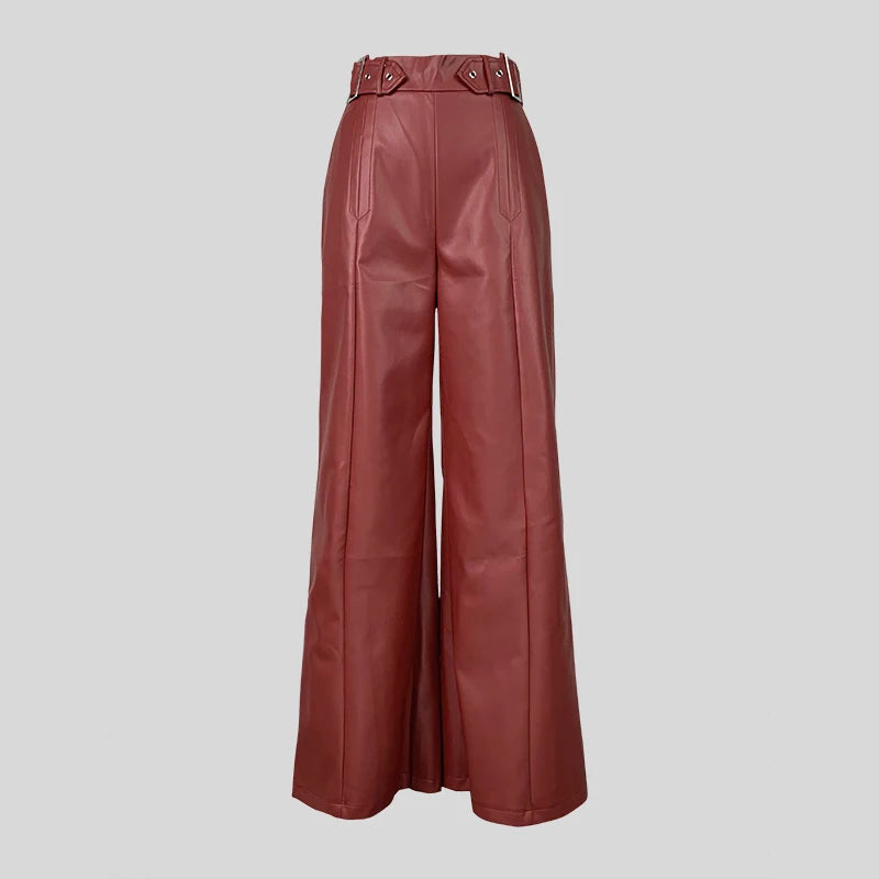 Women's Faux Leather Loose Pleated Pockets Wide Leg Trousers - Frimunt Clothing Co.