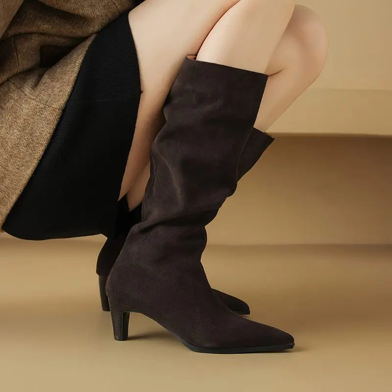 Women's Cow Genuine Leather High Heels Knee High Pointed Toe Winter Boots - Frimunt Clothing Co.