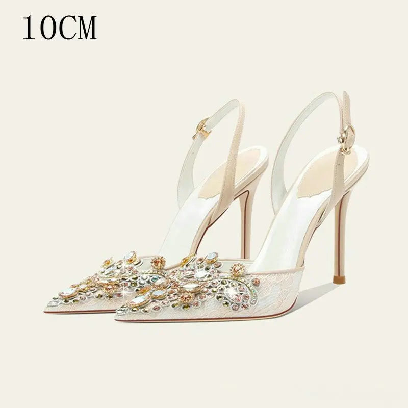 Sandalias de mujer con tiras en la espalda, cristales, punta puntiaguda, tacones altos, zapatos de boda