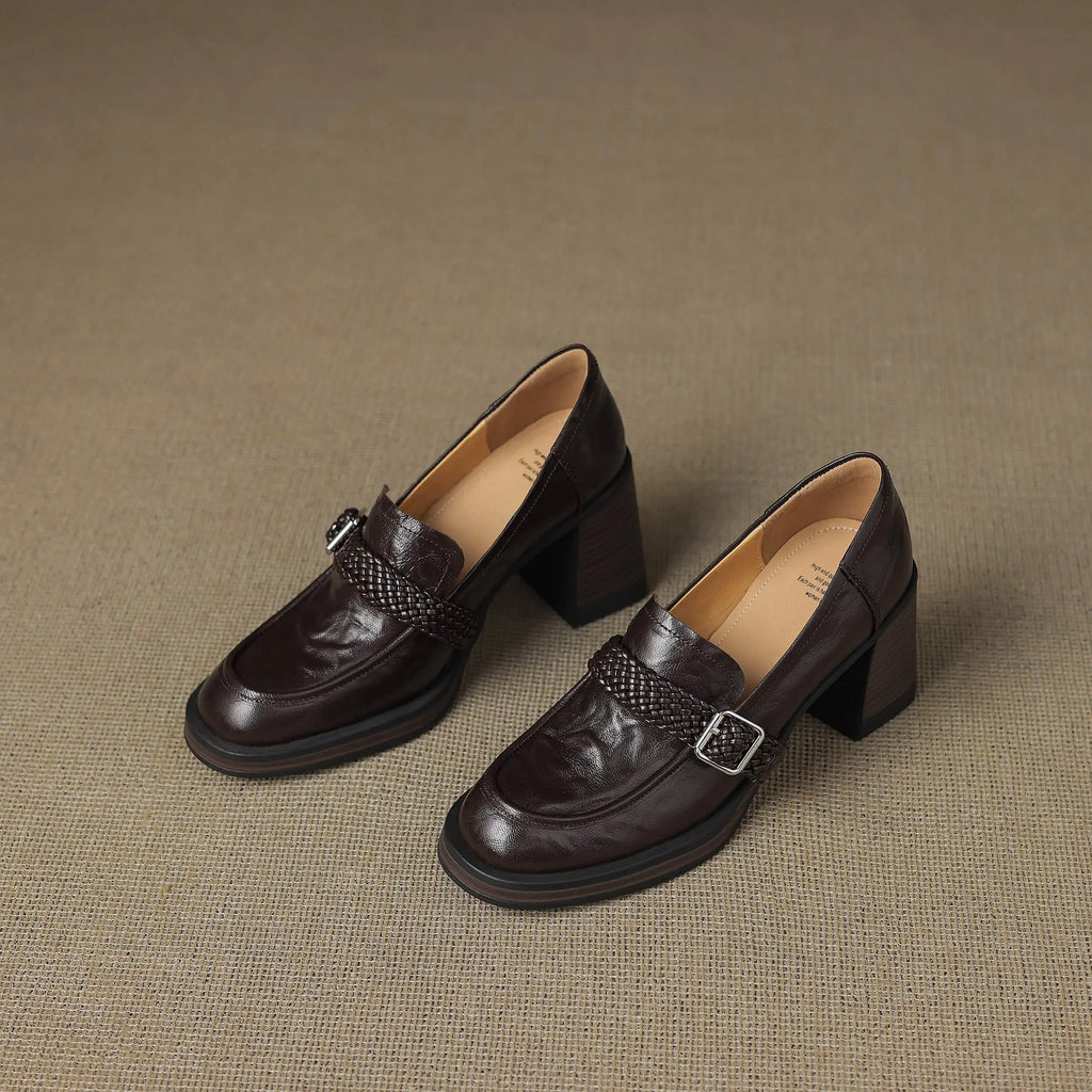 Women's Genuine Leather Round Toe High Heels Shallow Retro Loafers Buckle Strap