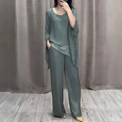 Women's Spring Retro Outfit Casual Round Neck Batwing Sleeve Top & Long Loose Pants Set Summer 2pcs Suit - Frimunt Clothing Co.