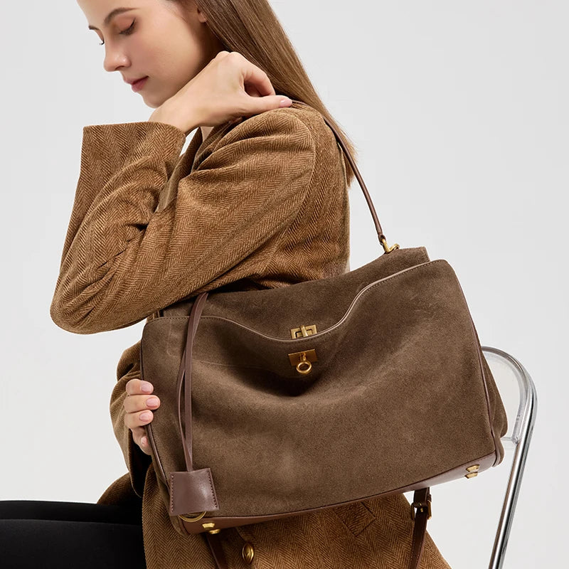 Bolso de ante suave de piel auténtica de gran capacidad para mujer