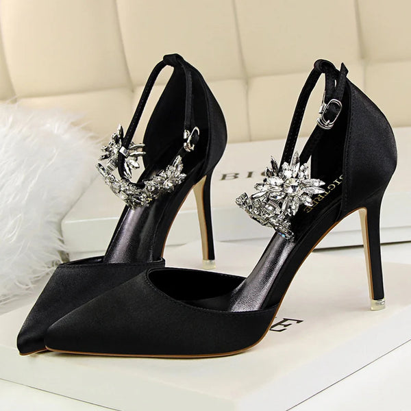 Women's High Heels Satin Shoes With Crystals Ankle Strap - Frimunt Clothing Co.