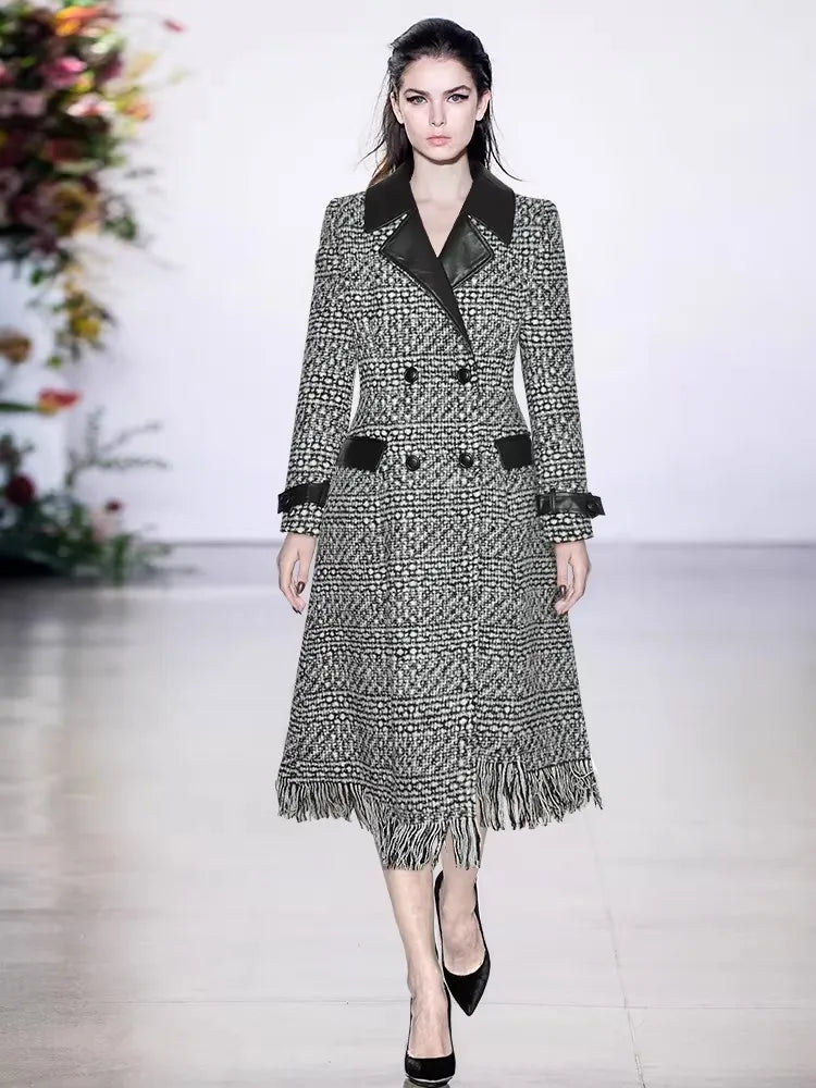 Women's Woolen Plaid Double Breasted With Leather Collar Long Coat