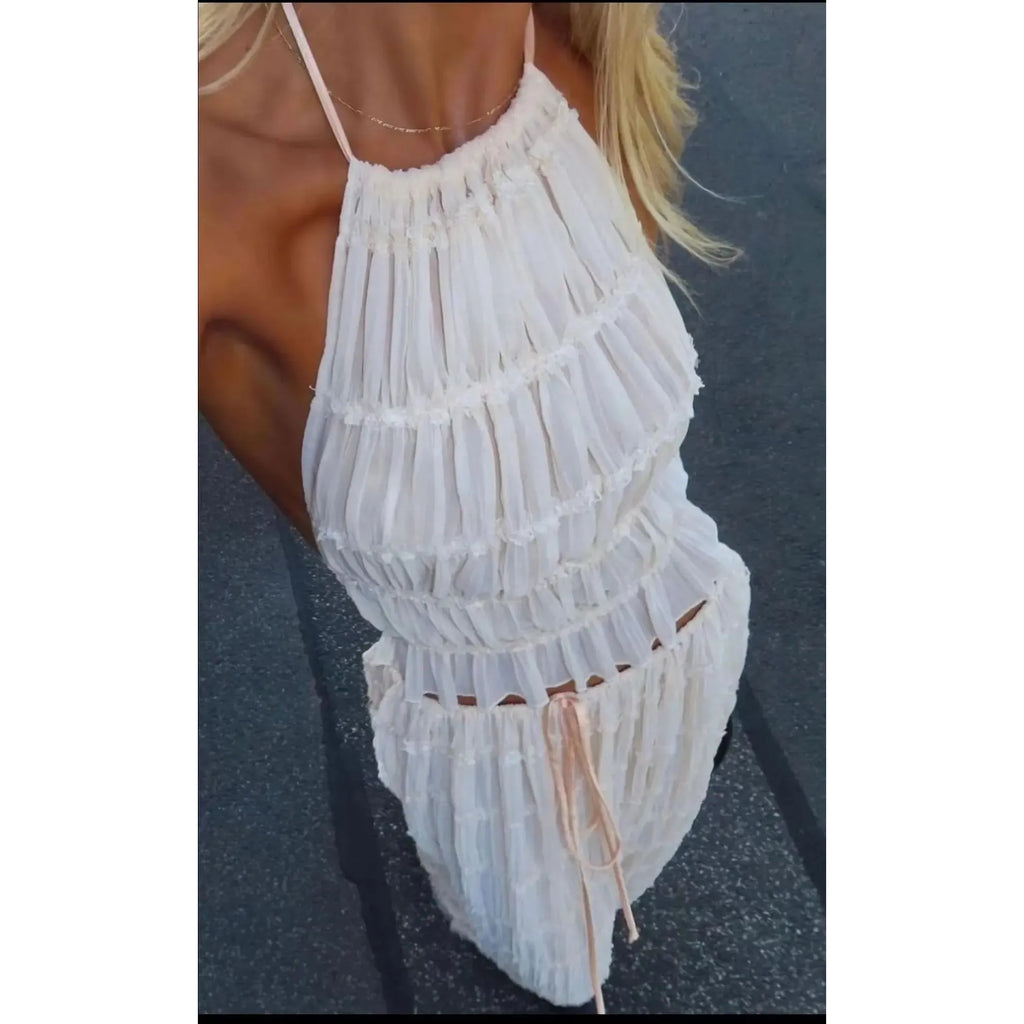 Women's Halter Backless Top & Drawstring Maxi Skirt 2 Piece Set - Frimunt Clothing Co.