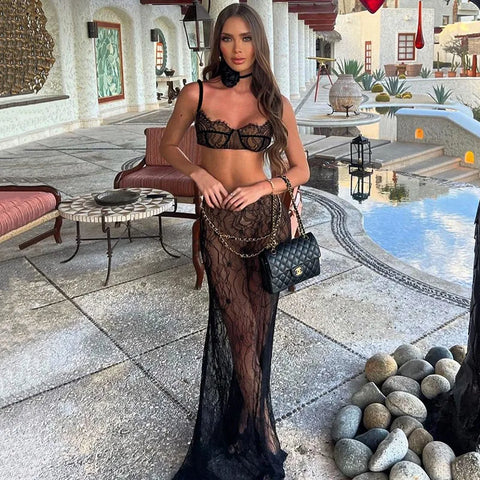 Women's 2 Piece Sets Sheer Lace Crop Top And Maxi Skirt With Chain Belt Elegant Evening or Vacation Outfits - Frimunt Clothing Co.