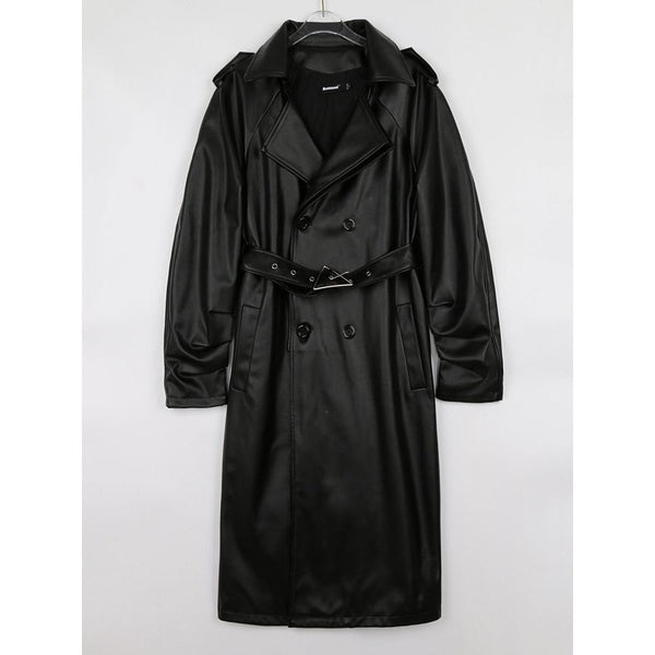 Lautaro Autumn Winter Long Faux Leather Trench Coat for Women Belt Double Breasted Luxury Elegant Fashion