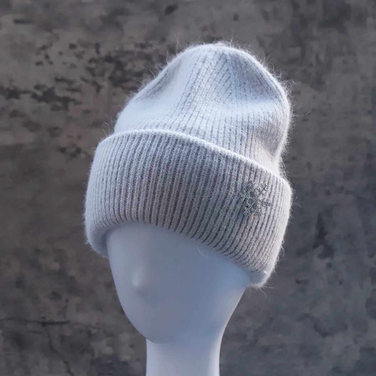 Women's Winter Knit Cuff Hat Real Warm Rabbit Hair Snowflake Pin Solid Colors - Frimunt Clothing Co.
