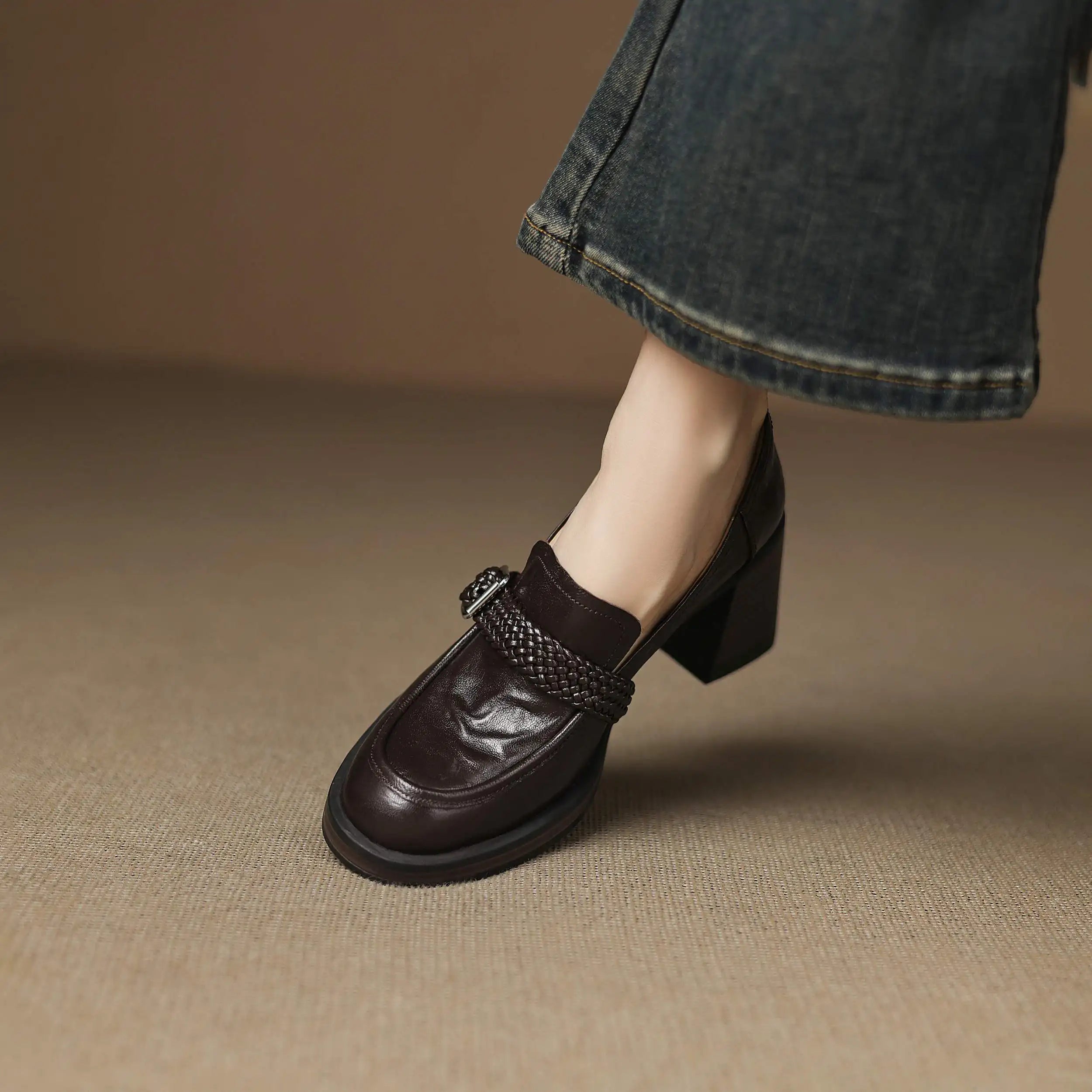 Women's Genuine Leather Round Toe High Heels Shallow Retro Loafers Buckle Strap