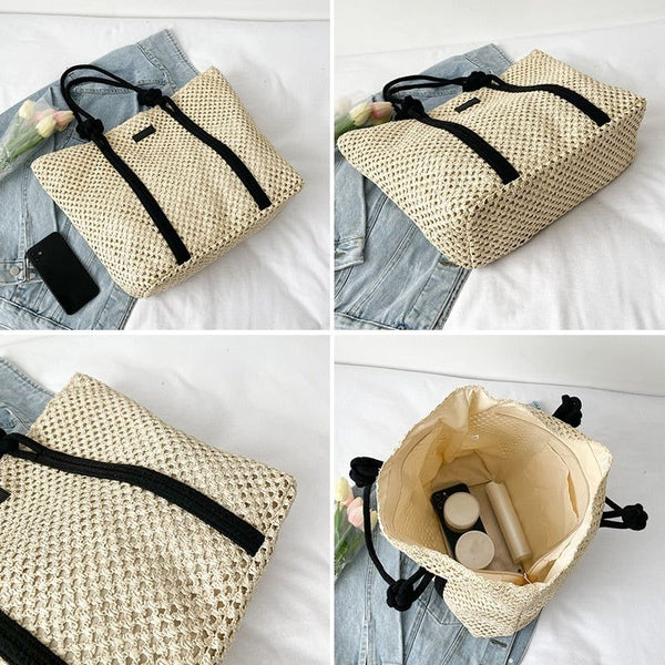 Hand-Woven Natural Straw Beach Tote Handbag Knotted Shoulder Strap Large Capacity