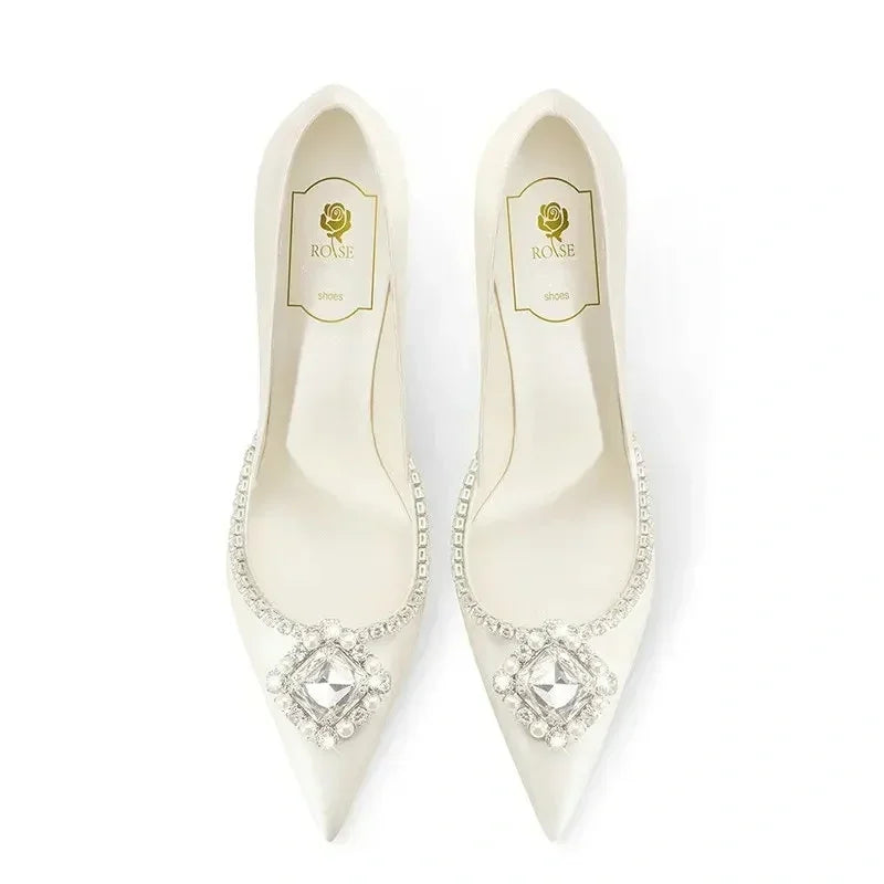 Elegant Wedding Shoes White Rhinestones High Heels 6cm and up, Bride, Bridesmaids Pumps - Frimunt Clothing Co.