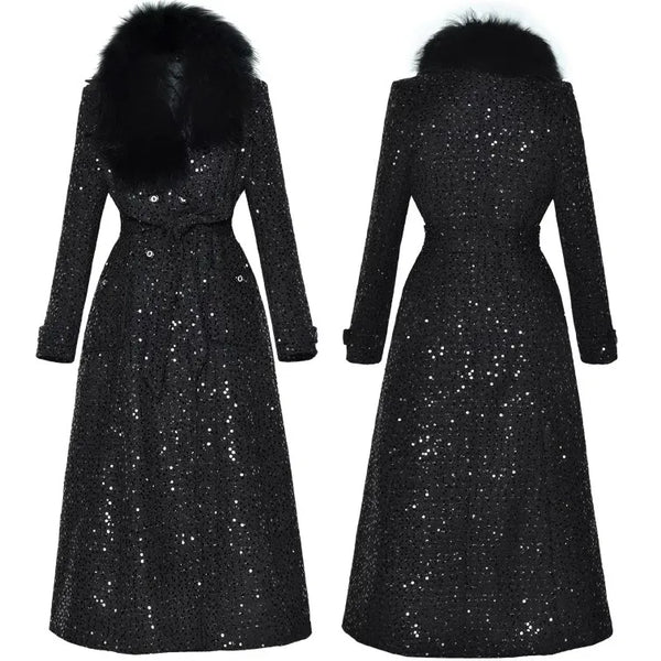 Women's Fur Collar Double Breast Buckle Tie Waist Sequined Long Thick Coat